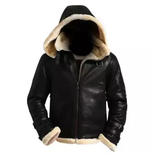 Mens Black B3 Hooded Shearling Genuine Real Leather Jacket