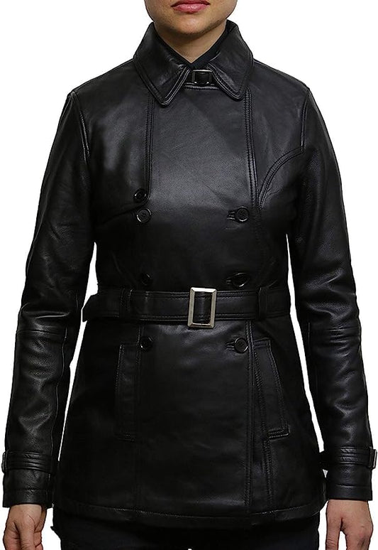 Women Fashion B 101 lambskin Real Leather Trench Belted Coat Retro Vintage Biker style