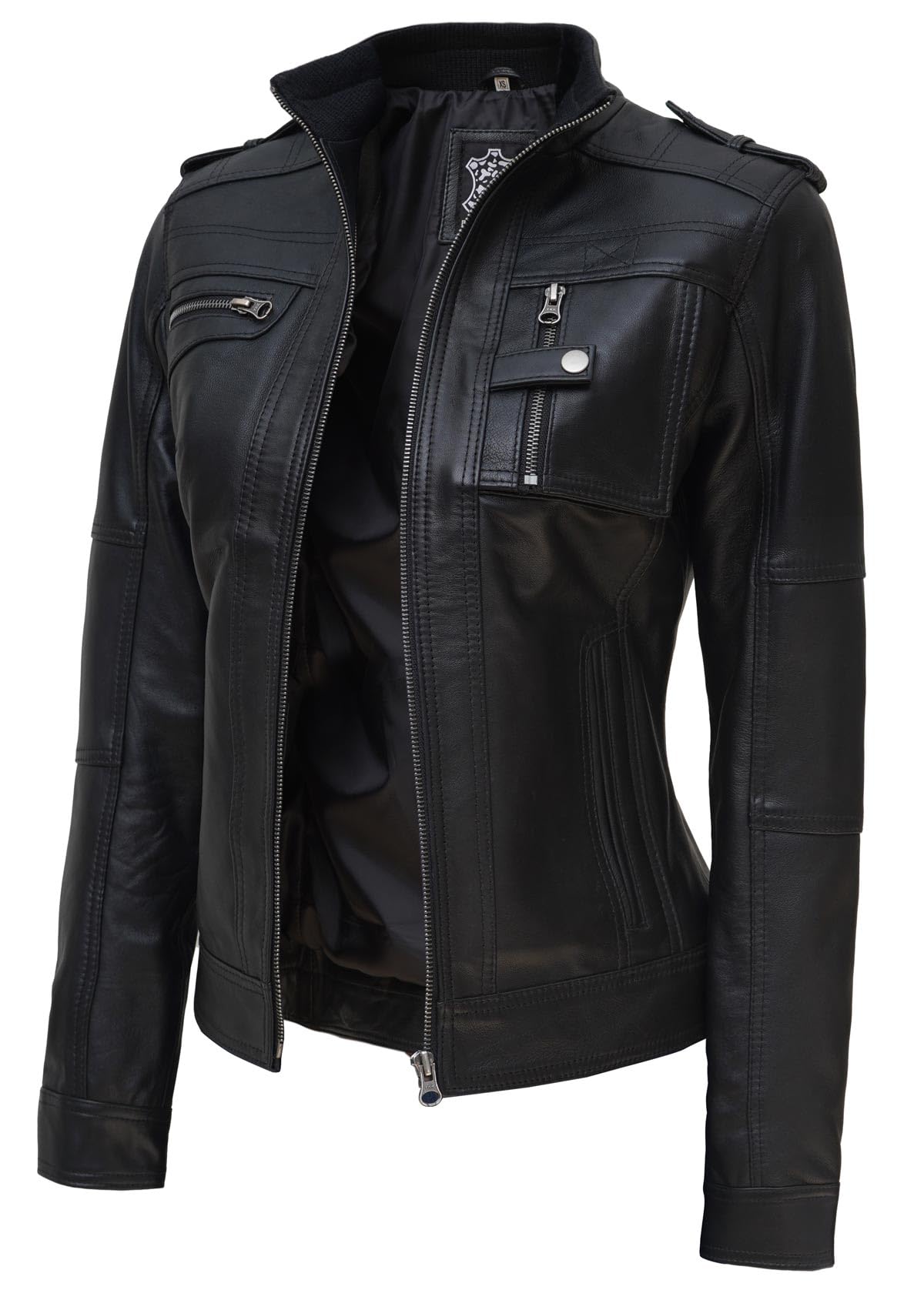 Women’s Real Leather Trucker Jacket Western Style Black