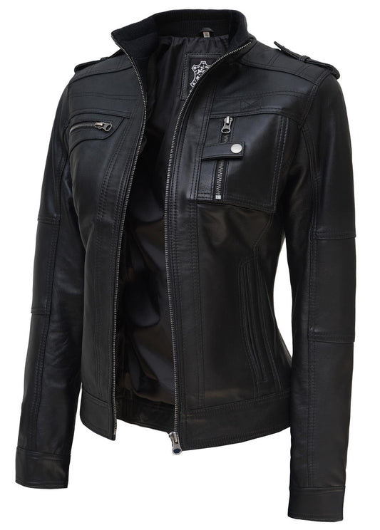 Women’s Real Leather Trucker Jacket Western Style Black