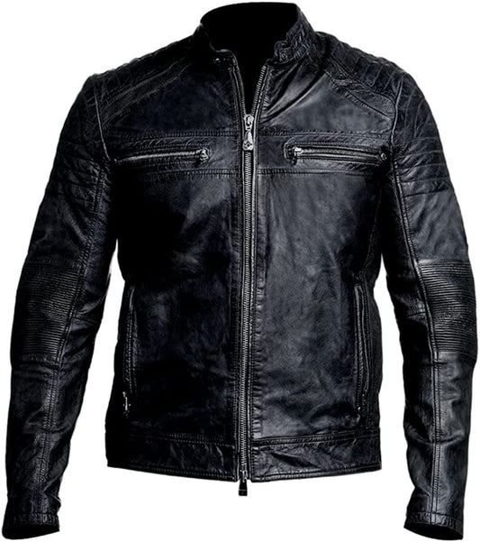 Black Leather Jacket Men Biker Style Distressed Lambskin Waxed Vintage Motorcycle Men’s Leather Jacket Fashion B 20