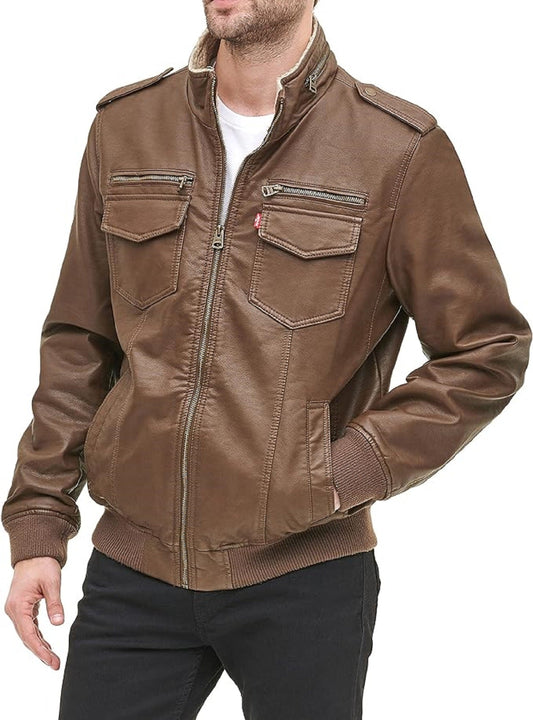 Men's Faux Leather Sherpa Aviator Bomber Jacket B 797