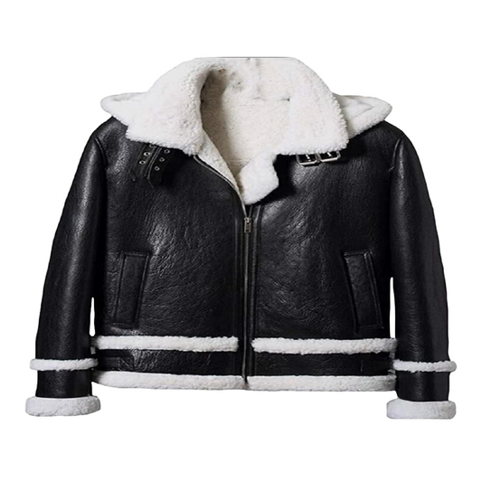 Mens Black Sheepskin  Leather Natural  shearling (Fur)   Biker B3 Bomber Jacket   B 704