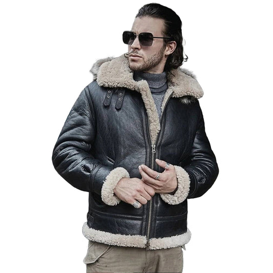 Mens Black Sheepskin  Leather Natural  shearling (Fur)   Biker B3 Bomber Jacket   B 701