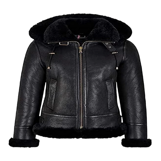 Mens Black Sheepskin  Leather Natural  shearling (Fur)   B 3 Bomber Jacket B 713