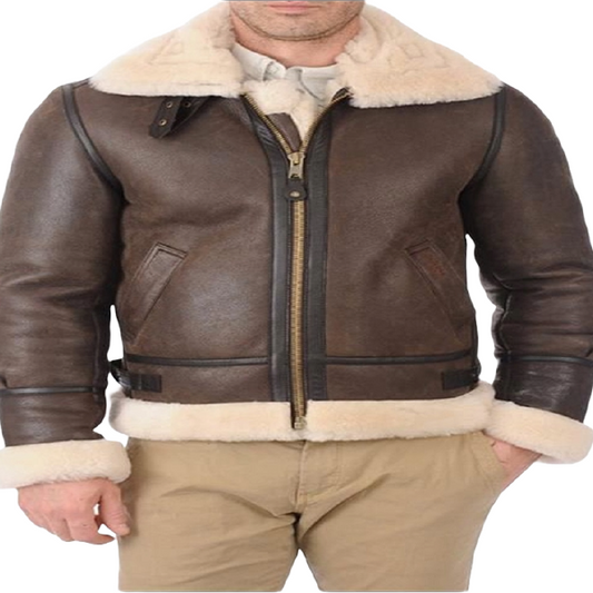 Mens Brown Sheepskin  Leather Natural  shearling (Fur)   B 3 Bomber Jacket B 710