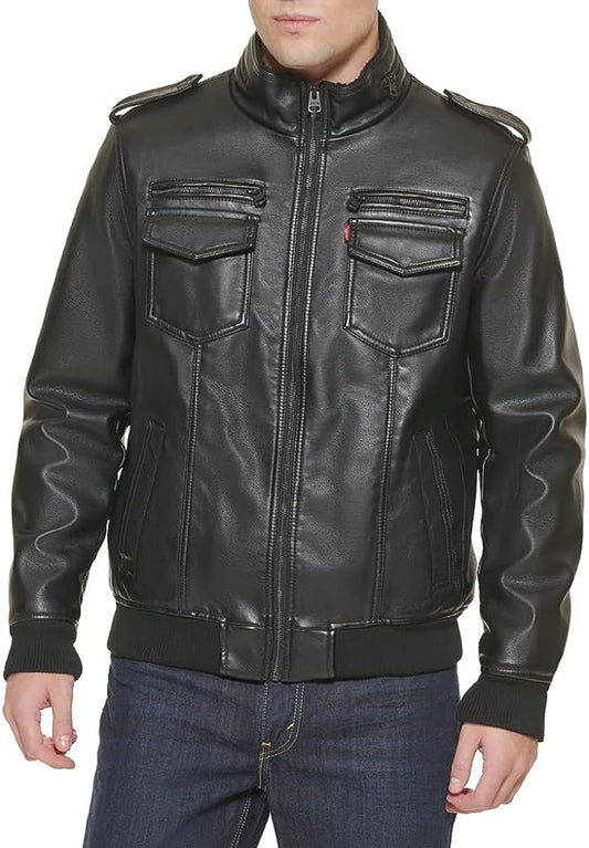 Men's Faux Leather Sherpa Aviator Bomber Jacket B 799