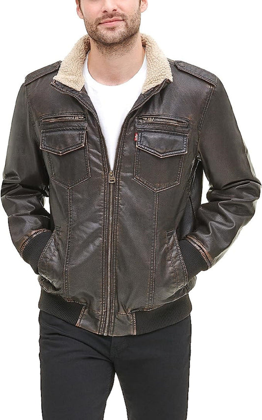 Men's Faux Leather Sherpa Aviator Bomber Jacket B 798