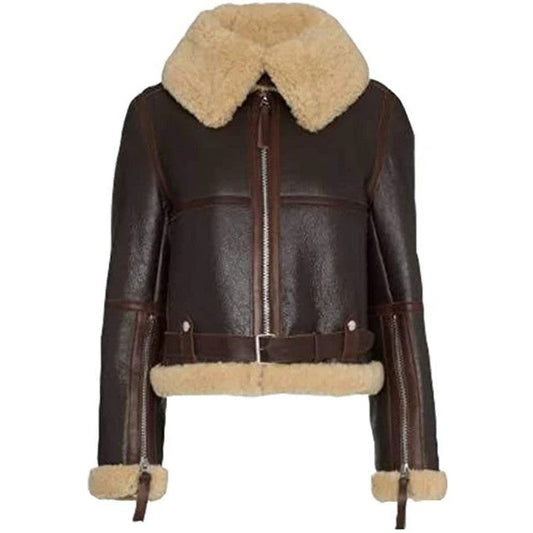 Mens Brown Sheepskin  Leather Natural  shearling (Fur)   Biker B3 Bomber Jacket   B 706